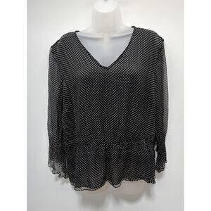 Richard Malcolm Silk Blouse Black White Dotted Lined Blouse Top Size Large